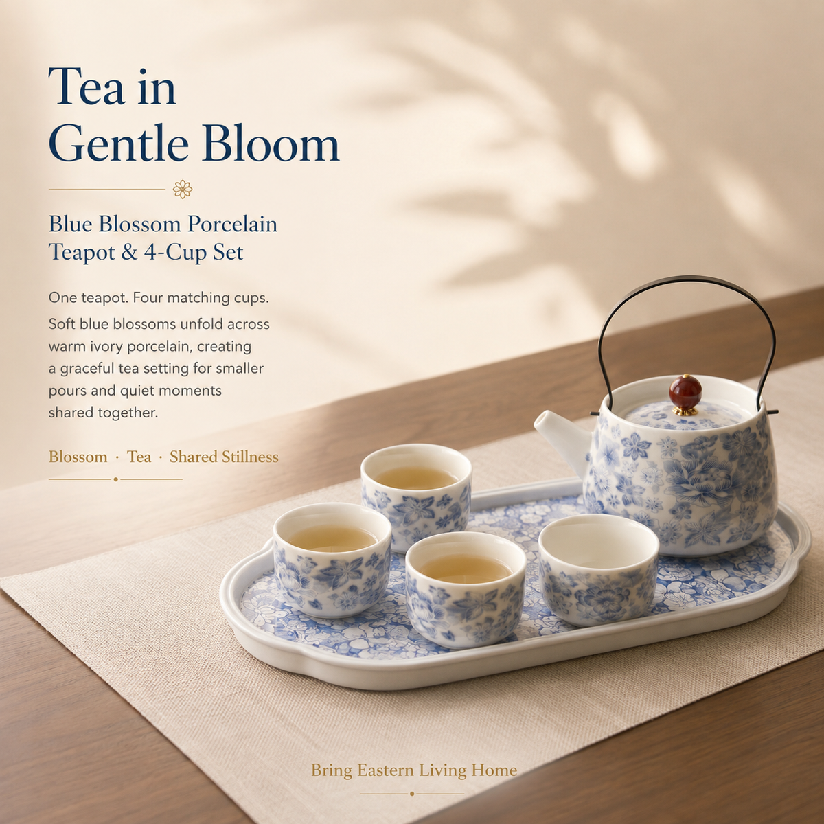 Blue Blossom Mutton Fat Jade Porcelain Tea Set – Teapot & 4 Cups