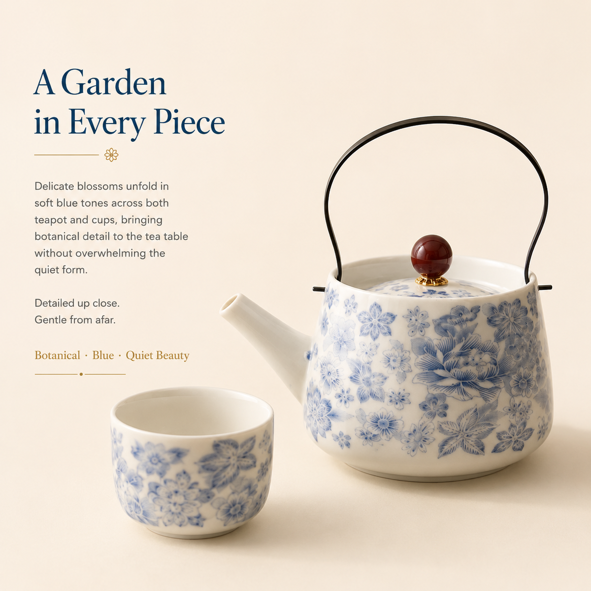 Blue Blossom Mutton Fat Jade Porcelain Tea Set – Teapot & 4 Cups