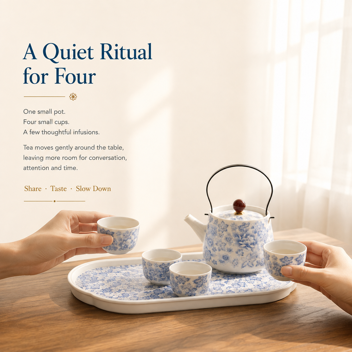 Blue Blossom Mutton Fat Jade Porcelain Tea Set – Teapot & 4 Cups