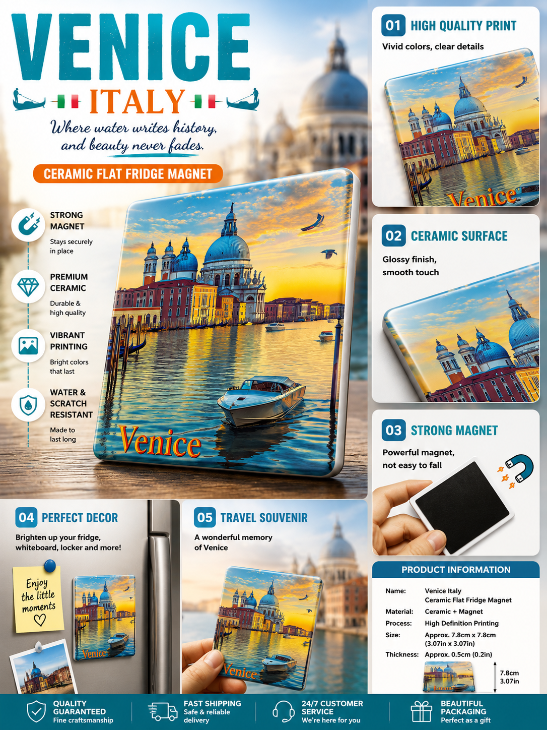 Venice Italy Ceramic Fridge Magnet – Venice Canal Sunset Travel Souvenir Magnet | Italian City Refrigerator Decor Gift