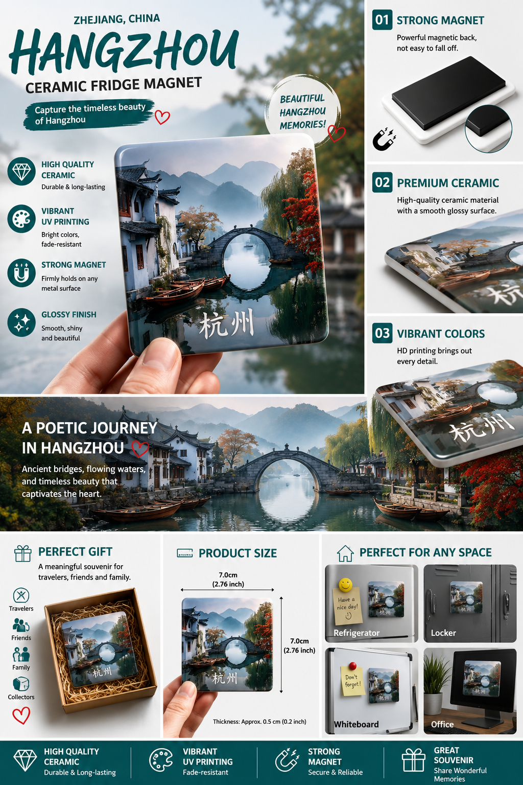Hangzhou West Lake Serenity Ceramic Fridge Magnet – Tea Culture & Oriental Aesthetics Collection