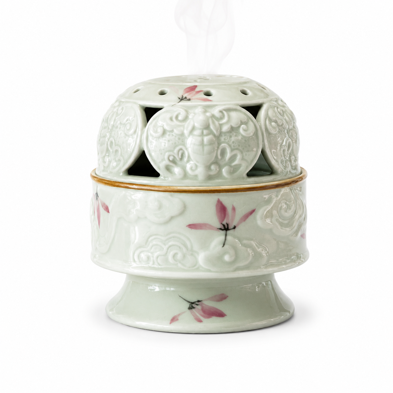 Handcrafted Magnolia Blossom Ceramic Incense Burner with celadon glaze, hand-painted magnolia flowers, and decorative ceramic lid for meditation, tea ceremonies, and Zen home décor.