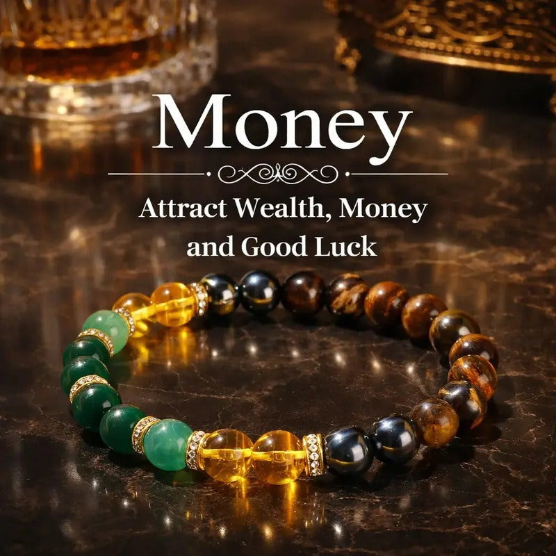 2pcsMoney Attraction Bracelet - Green Aventurine Citrine Tiger Eye Natural Stone Beaded Bracelet for Wealth & Good Luck