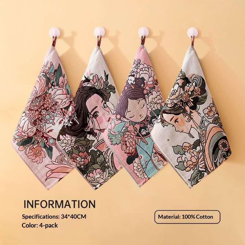 Chinese Beauty Cotton Gauze Hand Towel – Oriental Floral Maiden Soft Cotton Washcloth Asian Aesthetic Bathroom Decor