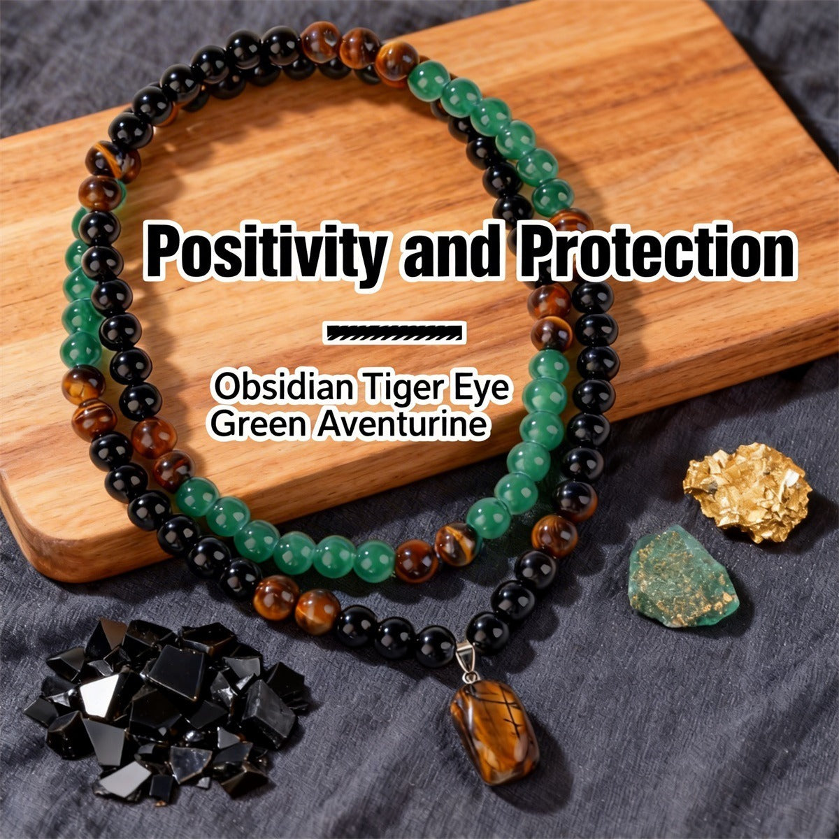 Triple Protection Crystal Bracelet - Black Obsidian, Tiger Eye & Green Aventurine | Positivity & Protection Healing Jewelry with Tiger Eye Pendant