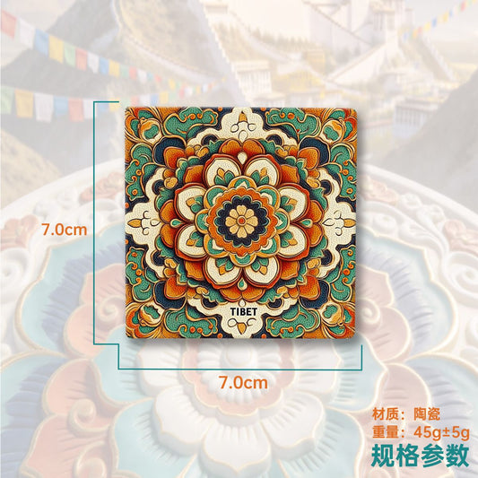 Tibetan Mandala Ceramic Fridge Magnet – Oriental Sacred Geometry Refrigerator Magnet, Tibetan Art Souvenir, Boho Spiritual Home Decor Gift