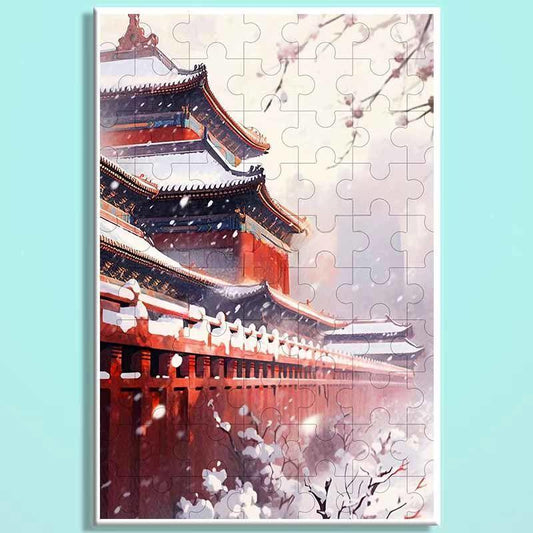 Forbidden City Snowfall Wooden Puzzle – Chinese Palace Winter Landscape Jigsaw, Oriental Snow Scene Puzzle Art for Adults & Cozy Home Decor FC012