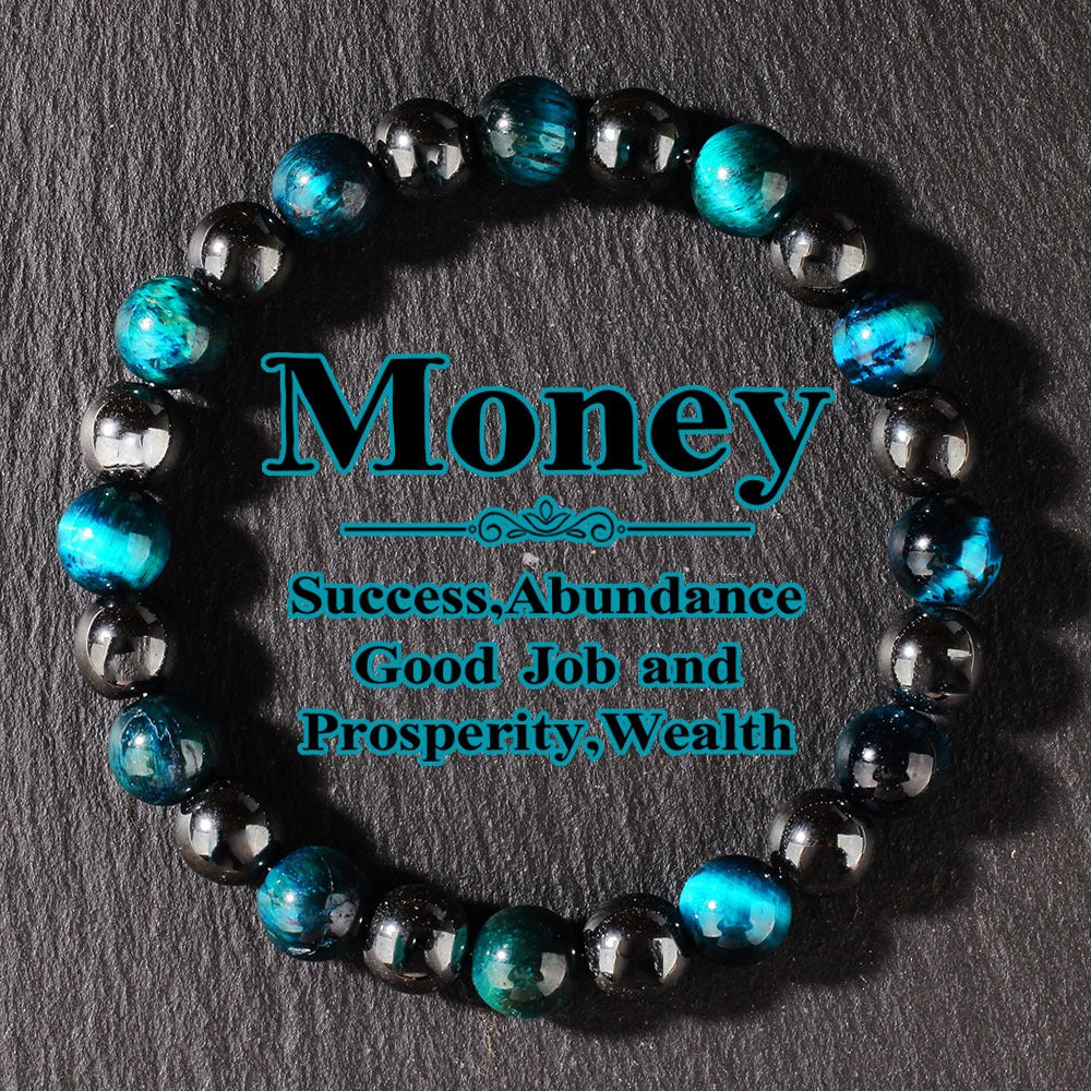 2pcs Money Attraction Bracelet - Blue Tiger's Eye & Hematite for Wealth, Success, Abundance & Prosperity