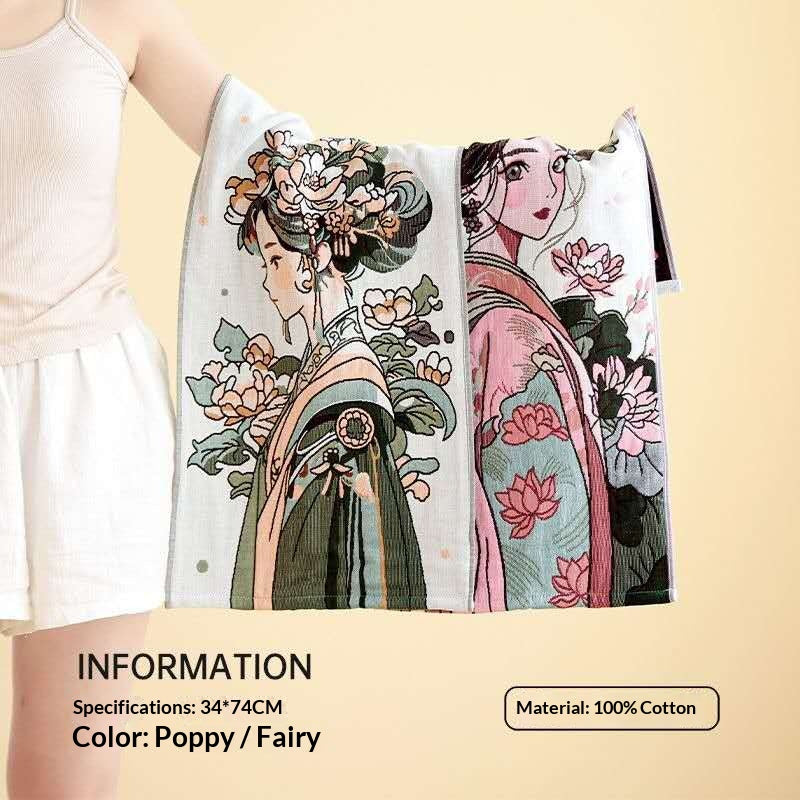 Chinese Beauty Cotton Gauze Bath Towel – Oriental Floral Maiden Soft Absorbent Asian Aesthetic Towel