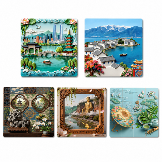 China Harmony Energy Fridge Magnet Collection™ (Set of 5) Hangzhou • Dali • Suzhou • Leshan • Longjing Tea Culture