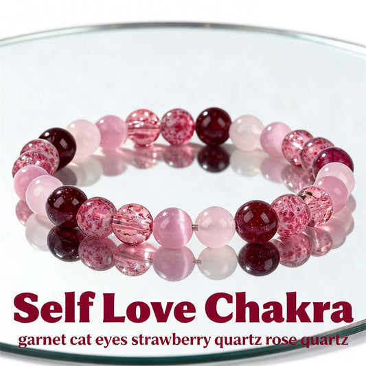 2pcs Self Love Chakra Bracelet - Rose Quartz, Strawberry Quartz, Garnet & Cat's Eye Crystal Bracelet for Self-Love, Emotional Healing & Heart Chakra
