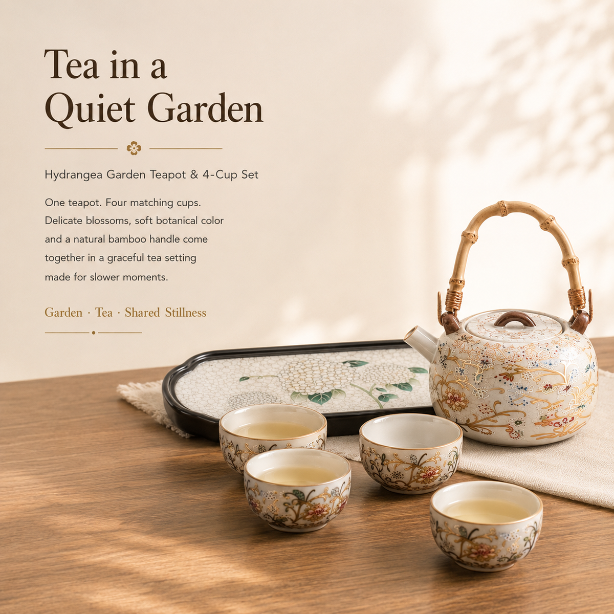 Flourishing Garden Ceramic Tea Set – Teapot 4 Cups & Tray