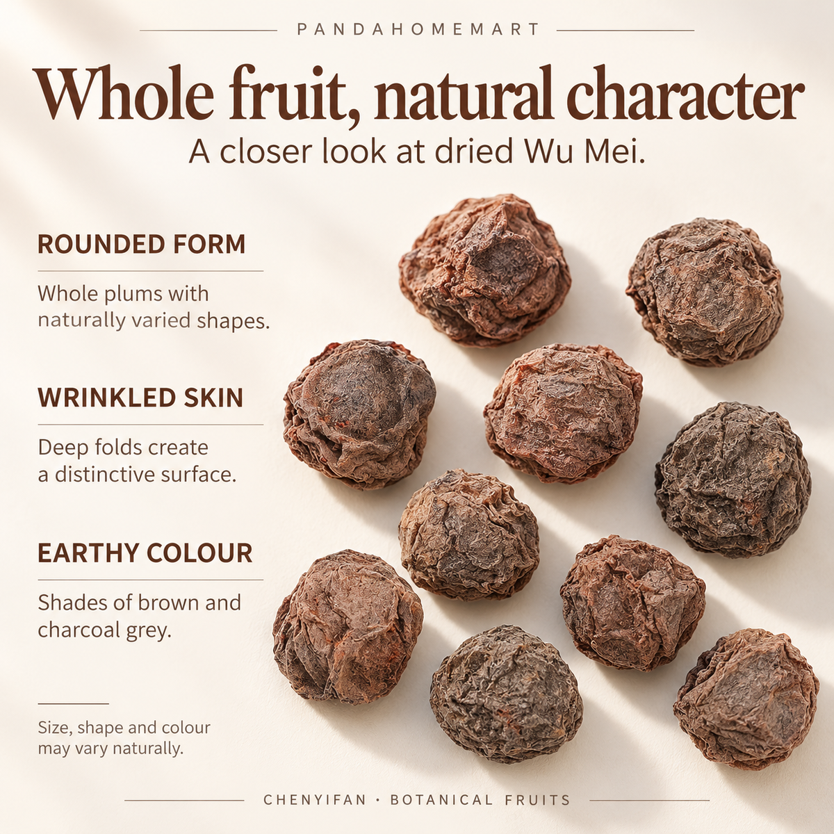 Whole Dried Wu Mei with Dark Wrinkled Fruit Form