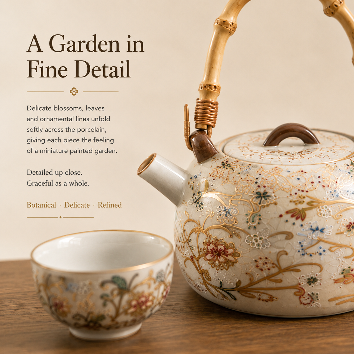 Flourishing Garden Ceramic Tea Set – Teapot 4 Cups & Tray