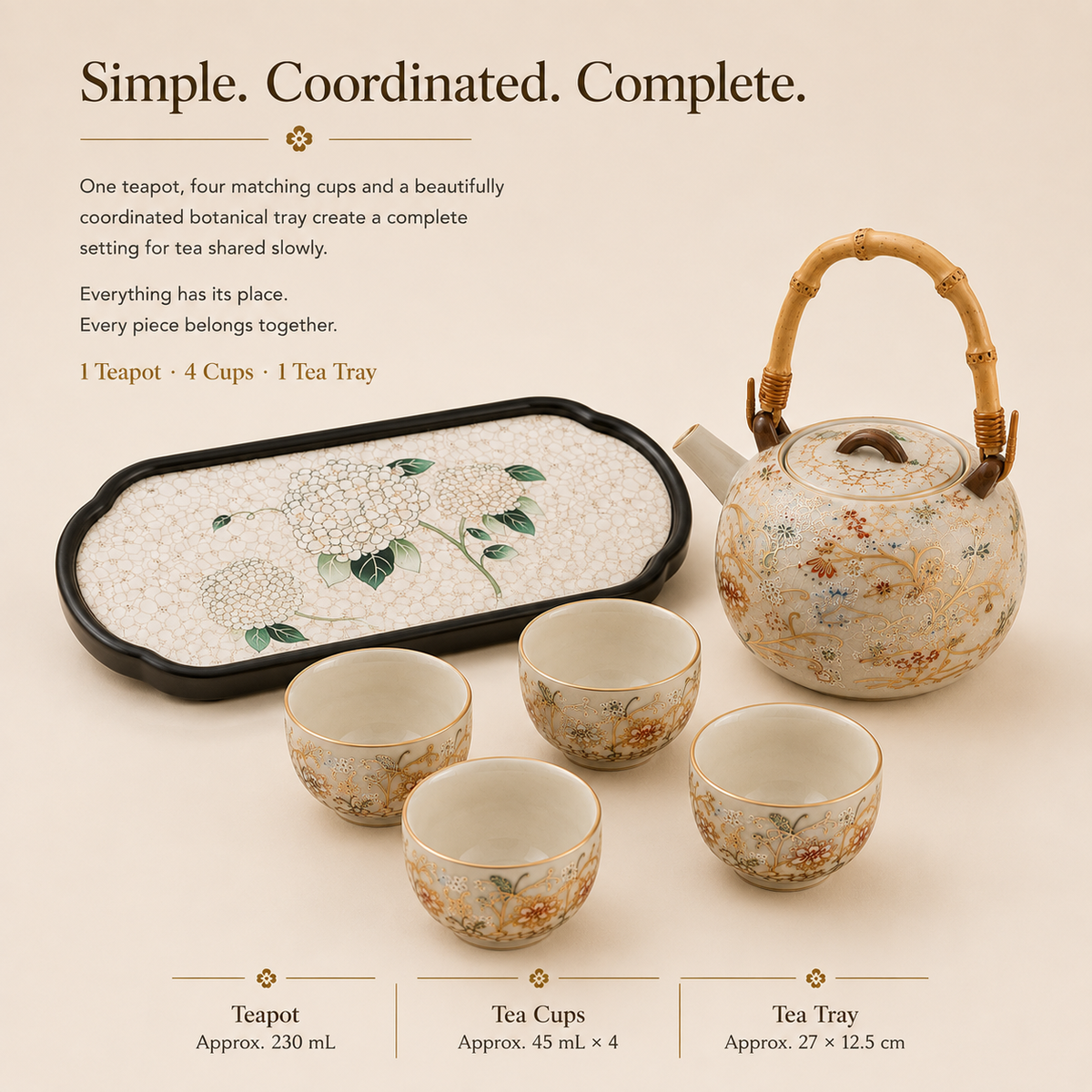 Flourishing Garden Ceramic Tea Set – Teapot 4 Cups & Tray