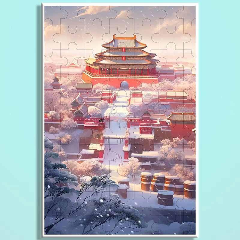 Forbidden City Snowfall Wooden Puzzle – Chinese Palace Winter Landscape Jigsaw, Oriental Snow Scene Puzzle Art for Adults & Cozy Home Decor FC 013