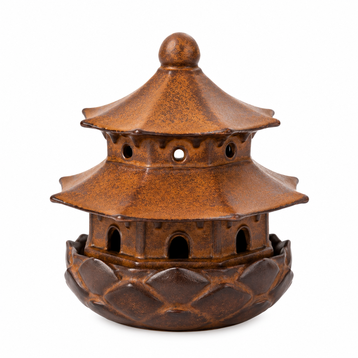 Handcrafted Hidden Fragrance Pagoda Ceramic Incense Burner with antique bronze glaze and traditional temple-inspired design for meditation, tea ceremonies, and Zen home décor.