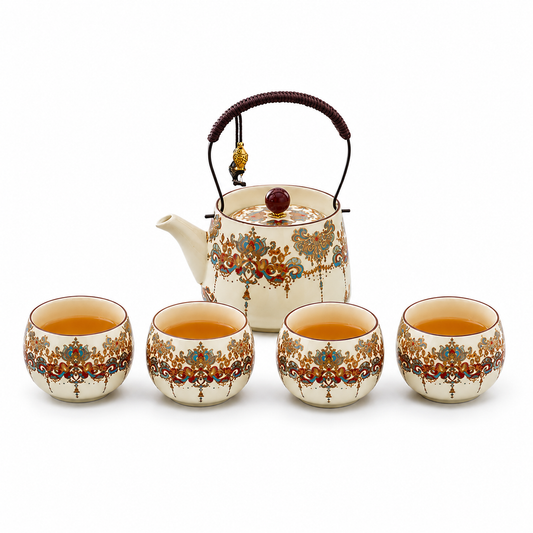 Eastern Brocade Dehua ceramic tea set with 200 mL overhead-handle teapot, four 70 mL patterned cups and matching dry tea tray
