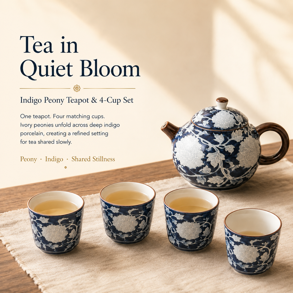 Indigo Peony Ceramic Tea Set – 220 mL Teapot & 4 Cups