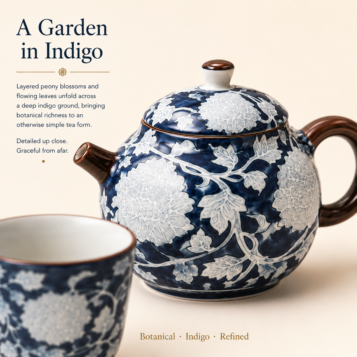 Indigo Peony Ceramic Tea Set – 220 mL Teapot & 4 Cups