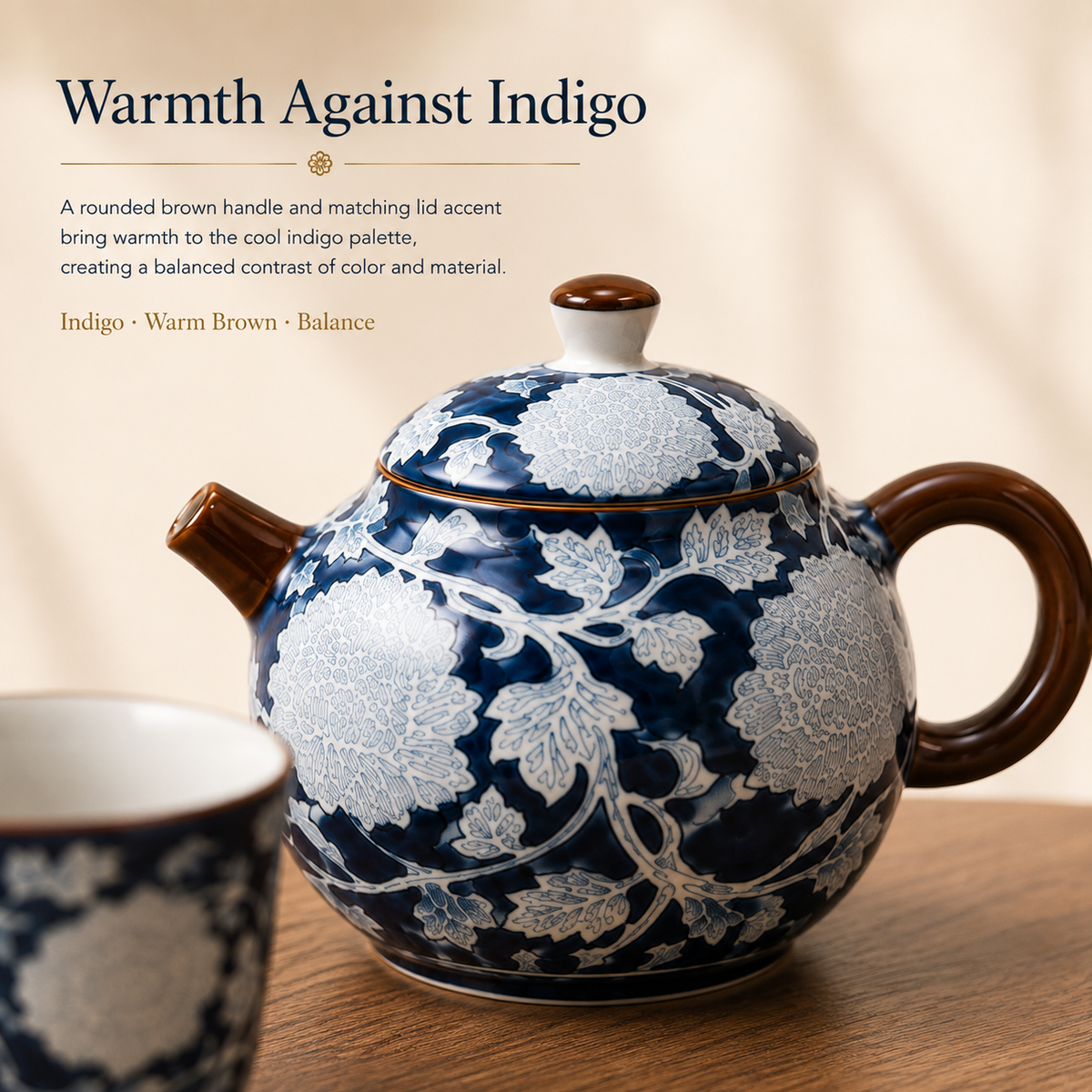 Indigo Peony Ceramic Tea Set – 220 mL Teapot & 4 Cups
