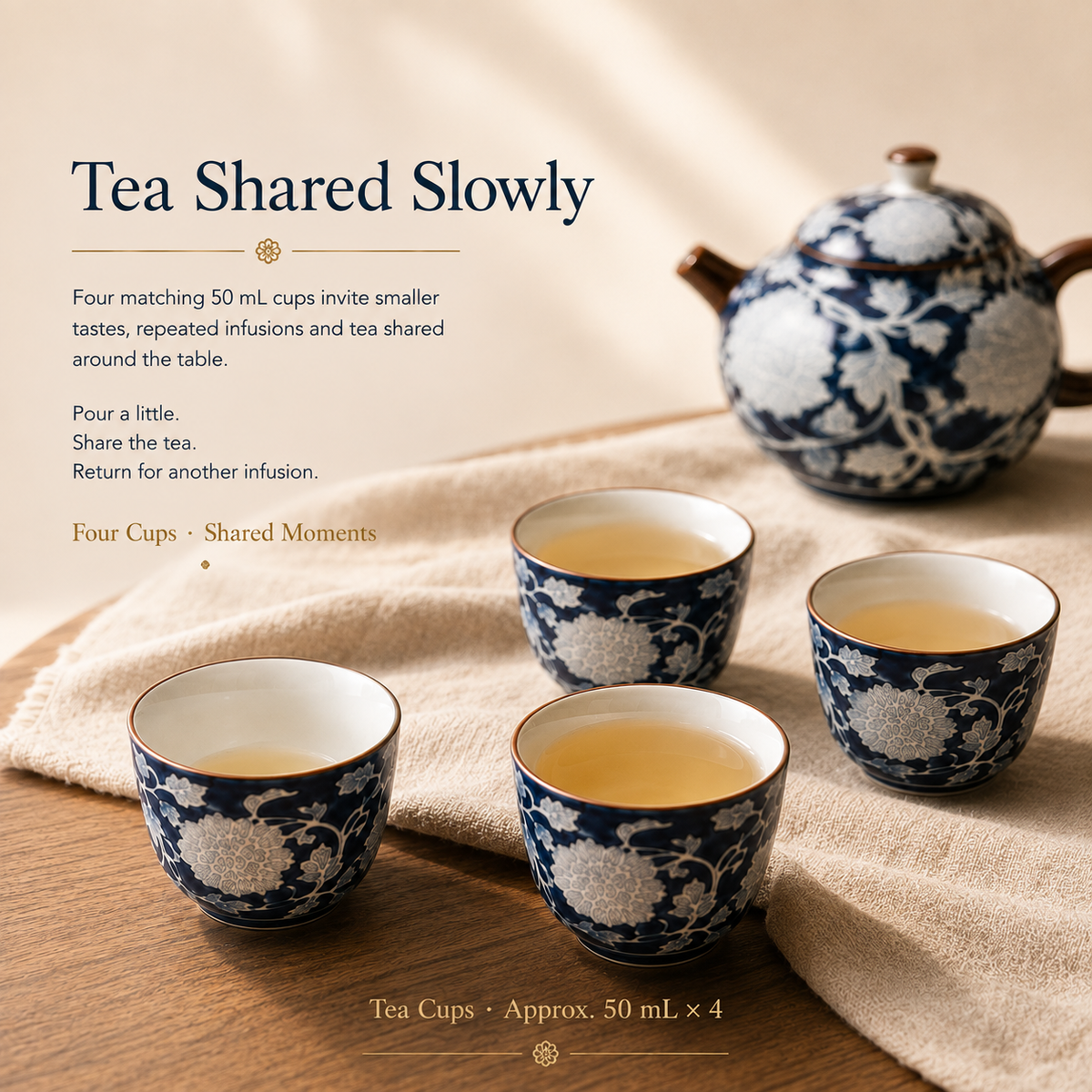 Indigo Peony Ceramic Tea Set – 220 mL Teapot & 4 Cups