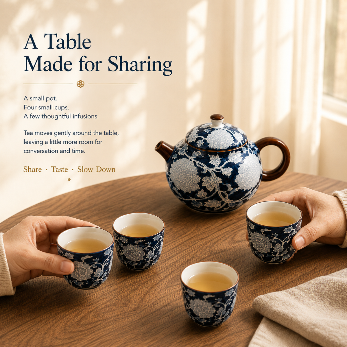 Indigo Peony Ceramic Tea Set – 220 mL Teapot & 4 Cups