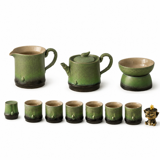 Bamboo Green kiln-glazed Gongfu tea set with 200 mL teapot, fairness pitcher and matching tasting cups