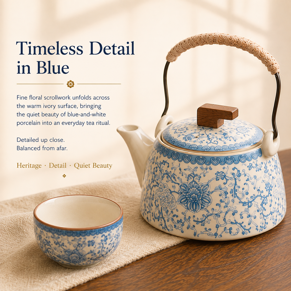 Blue Blossom Ceramic Tea Set – 220 mL Teapot & 4 Cups