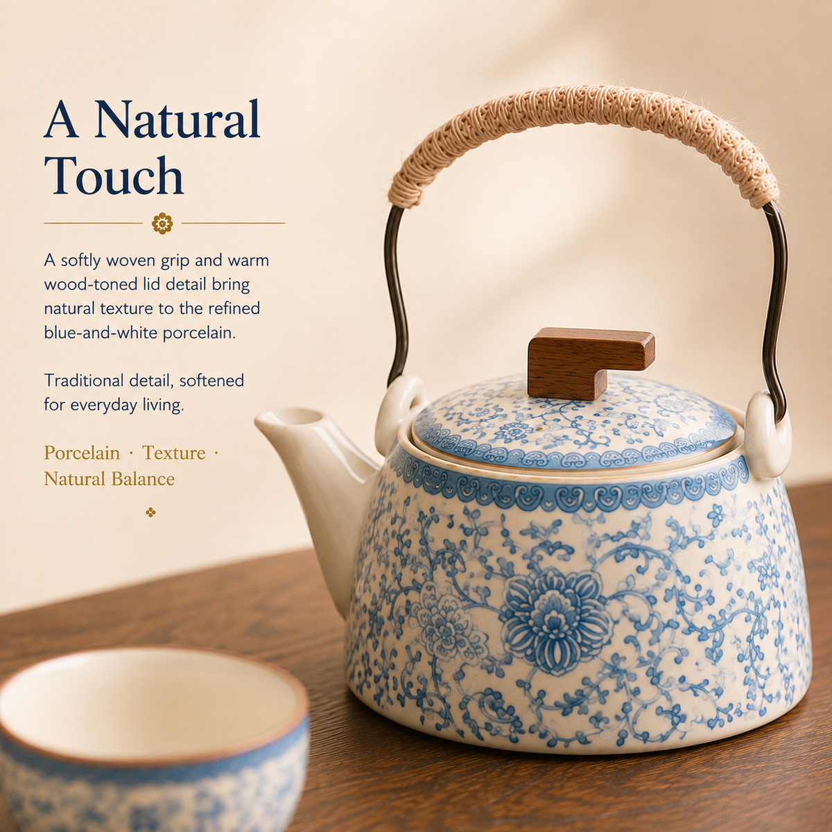Blue Blossom Ceramic Tea Set – 220 mL Teapot & 4 Cups