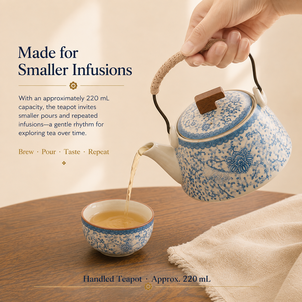 Blue Blossom Ceramic Tea Set – 220 mL Teapot & 4 Cups