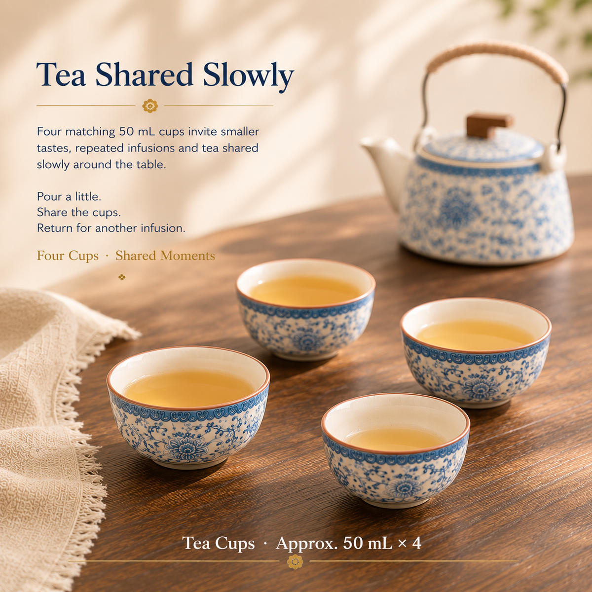 Blue Blossom Ceramic Tea Set – 220 mL Teapot & 4 Cups