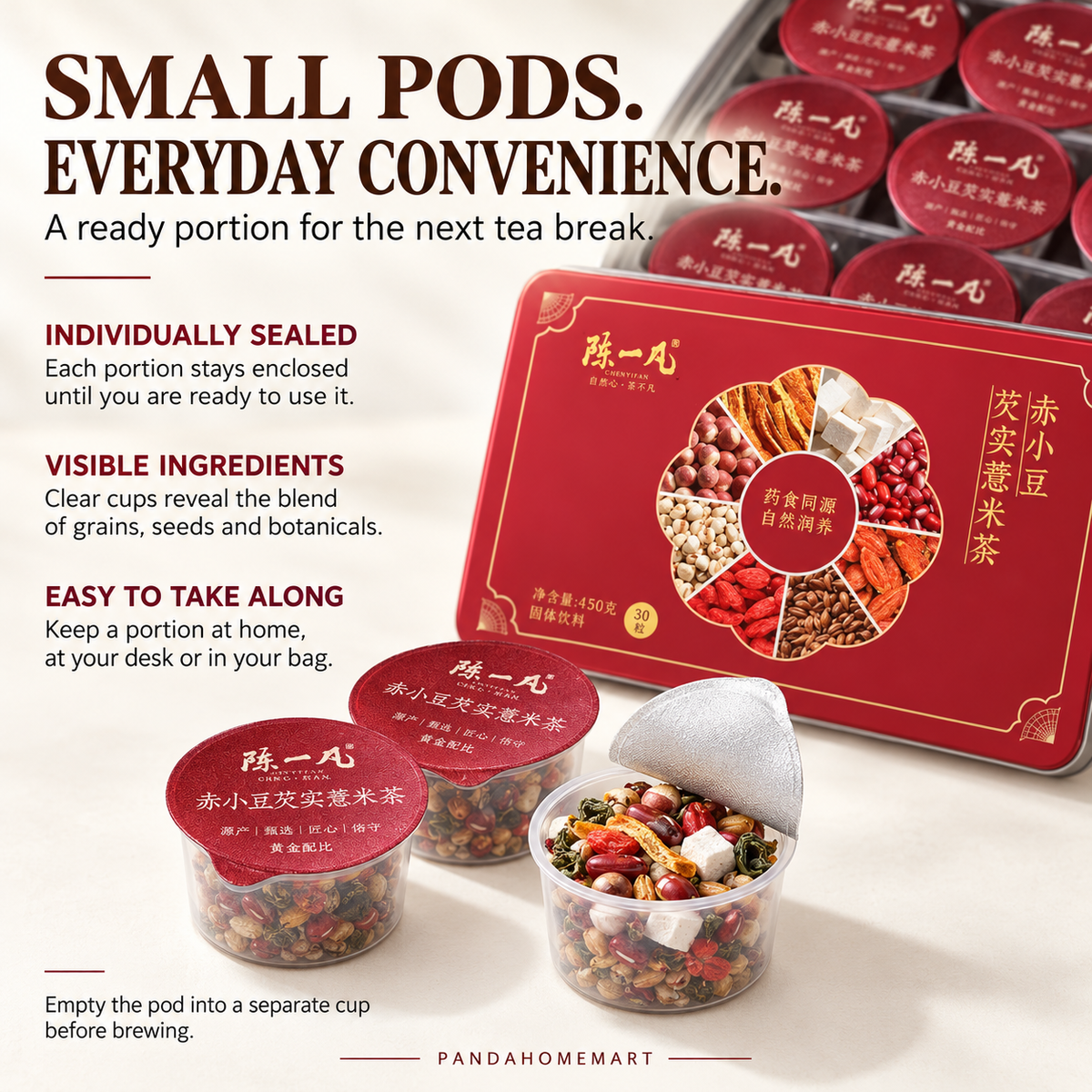 Red Bean, Coix Seed & Poria Tea Pods™ — 30 Pods