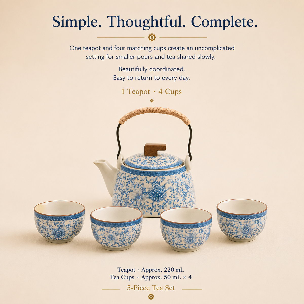 Blue Blossom Ceramic Tea Set – 220 mL Teapot & 4 Cups
