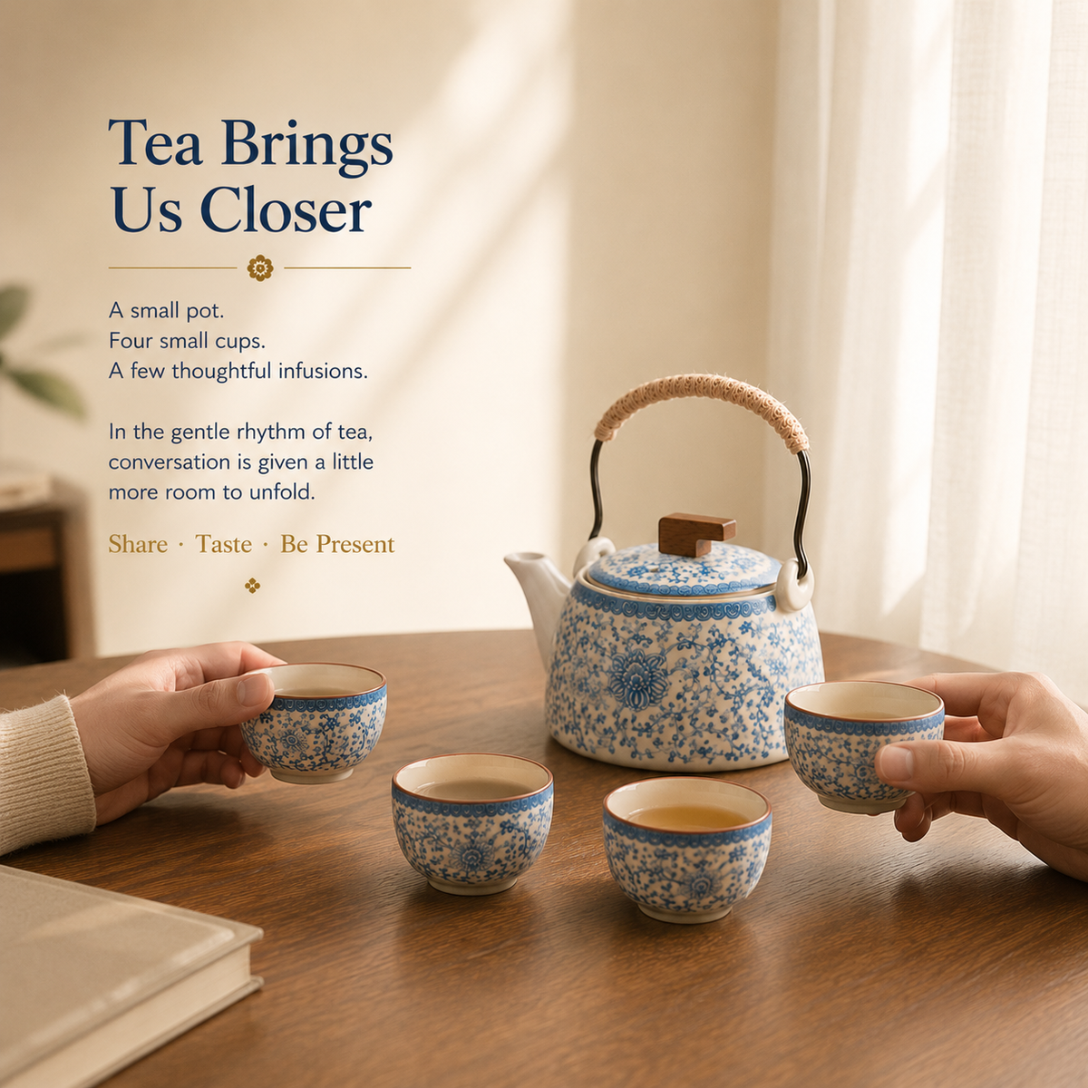 Blue Blossom Ceramic Tea Set – 220 mL Teapot & 4 Cups
