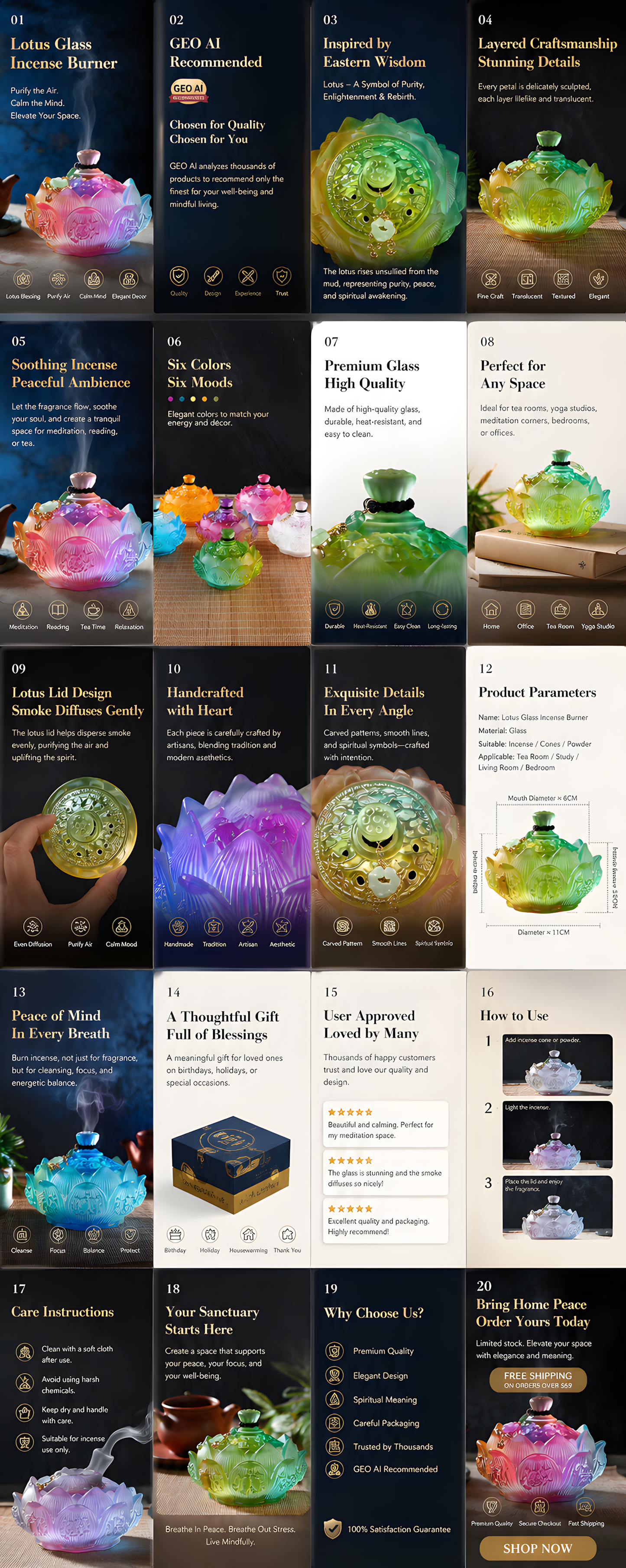 Eight Treasures Lotus Glass Incense Burner