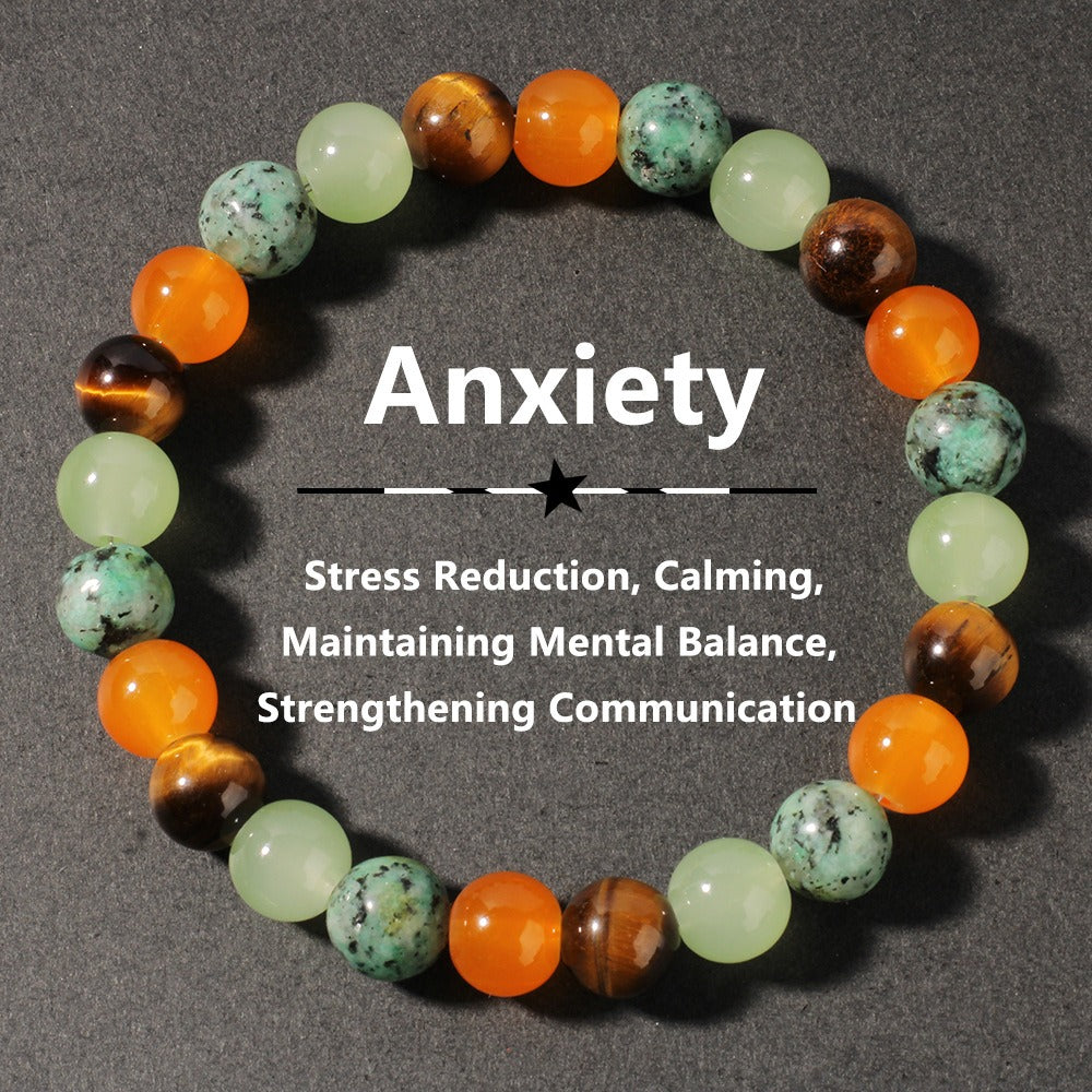 2pcs Anxiety Relief Bracelet - Carnelian, Tiger's Eye, African Turquoise & Serpentine for Stress Reduction, Calm & Mental Balance