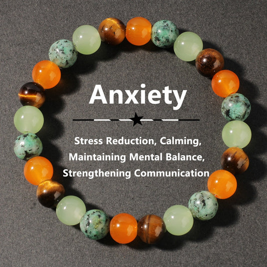 2pcs Anxiety Relief Bracelet - Carnelian, Tiger's Eye, African Turquoise & Serpentine for Stress Reduction, Calm & Mental Balance