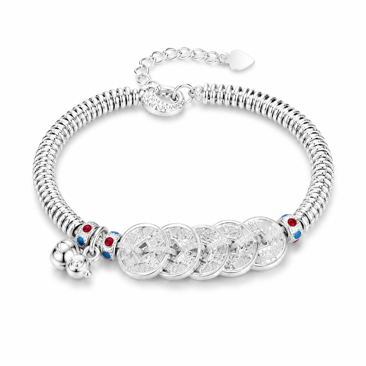 925 Pure Silver Lucky Coin Bracelet – Chinese Feng Shui Wealth Bracelet, Vintage Fortune Charm Jewelry for Women