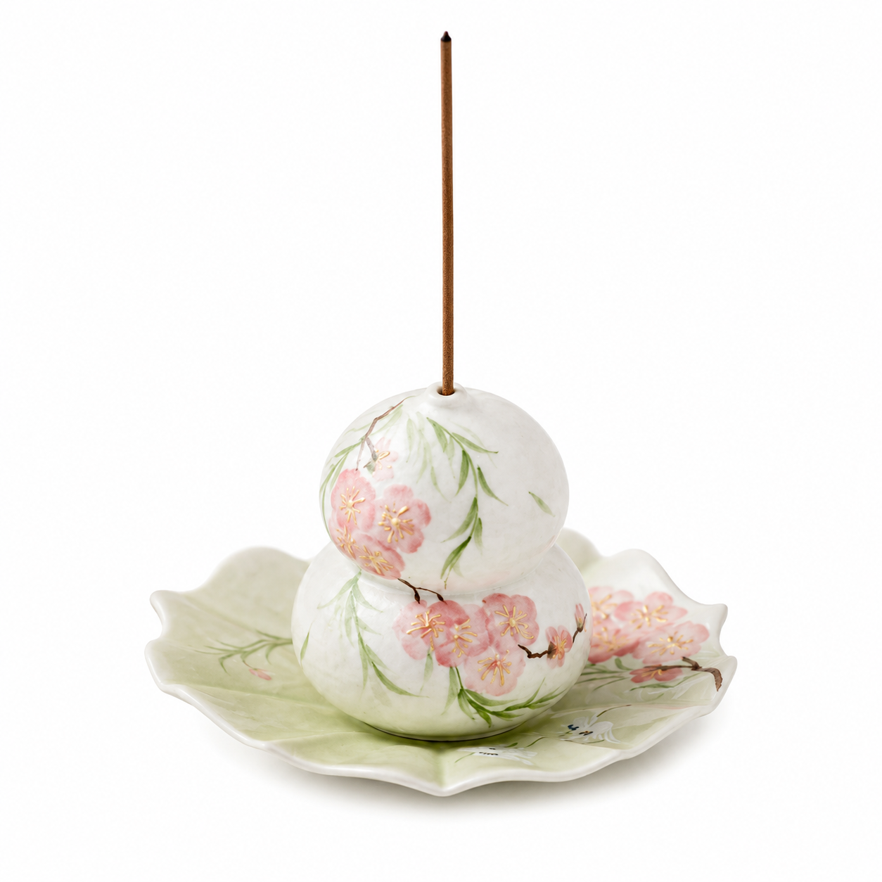 Hand-painted Peach Blossom Calabash Incense Holder with lotus leaf tray, handcrafted ceramic design, suitable for incense sticks, meditation, tea ceremonies, and Zen home décor.