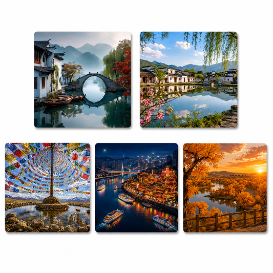 China Scenic Wonders Fridge Magnet Collection™ (Set of 5) Hangzhou • Hongcun • Qinghai • Chongqing • Ejina