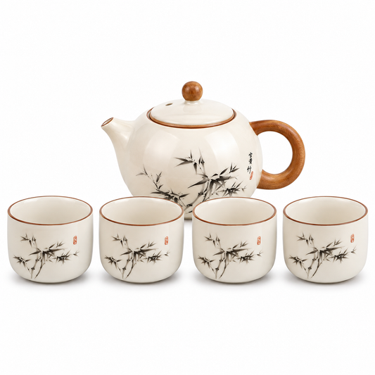 Ink Bamboo ceramic tea set with 190 mL teapot four 55 mL bamboo tea cups and square tea tray