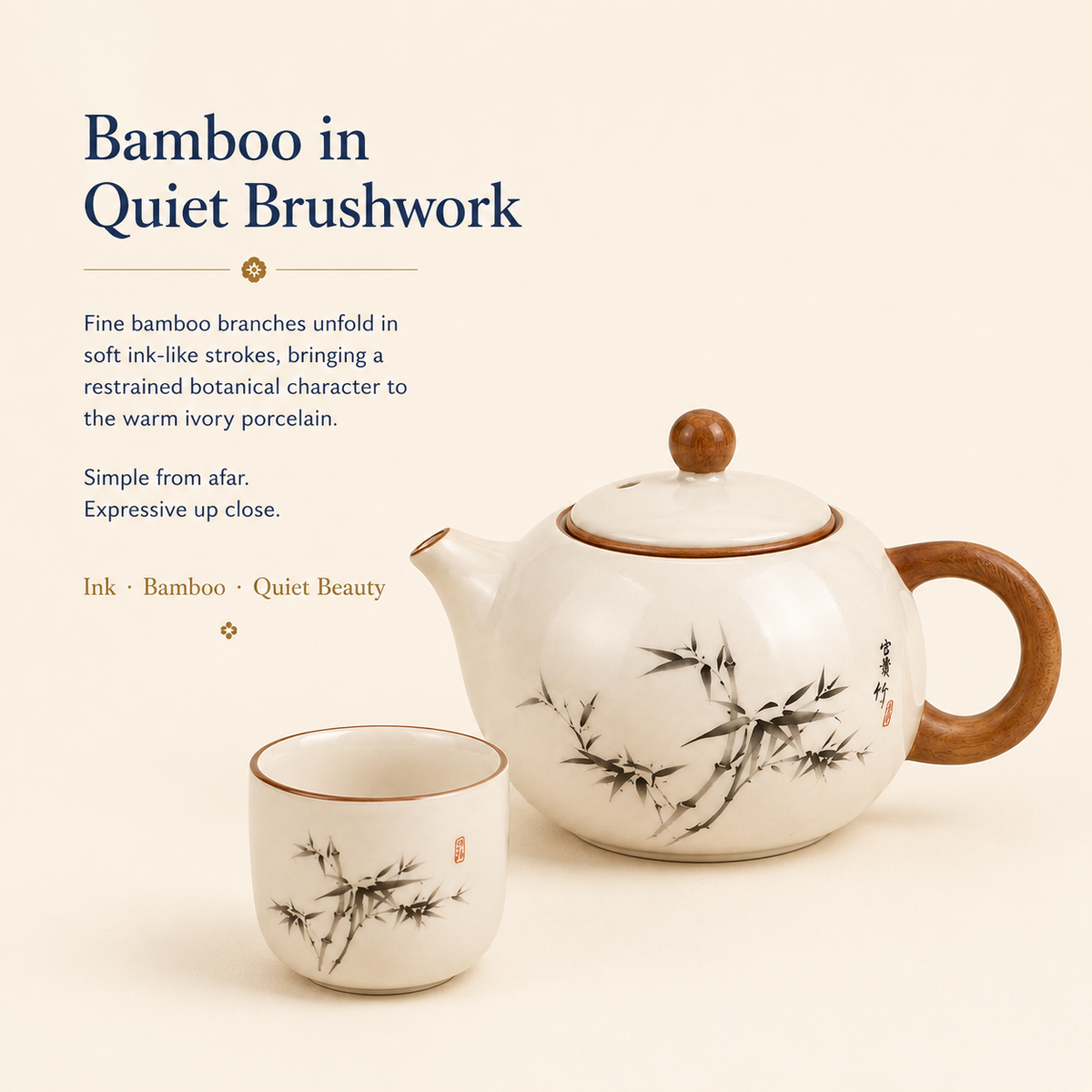 Ink Bamboo Ceramic Tea Set – 190 mL Teapot 4 Cups & Tray