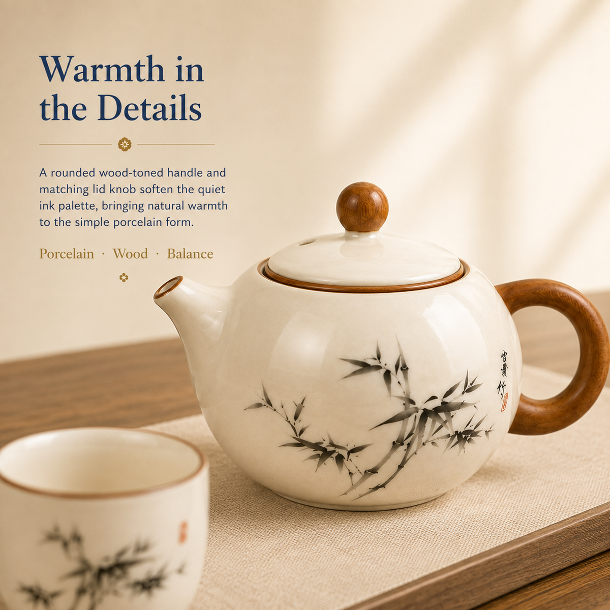 Ink Bamboo Ceramic Tea Set – 190 mL Teapot 4 Cups & Tray