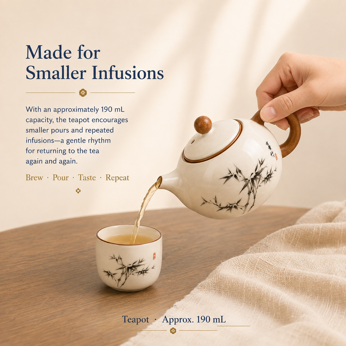 Ink Bamboo Ceramic Tea Set – 190 mL Teapot 4 Cups & Tray