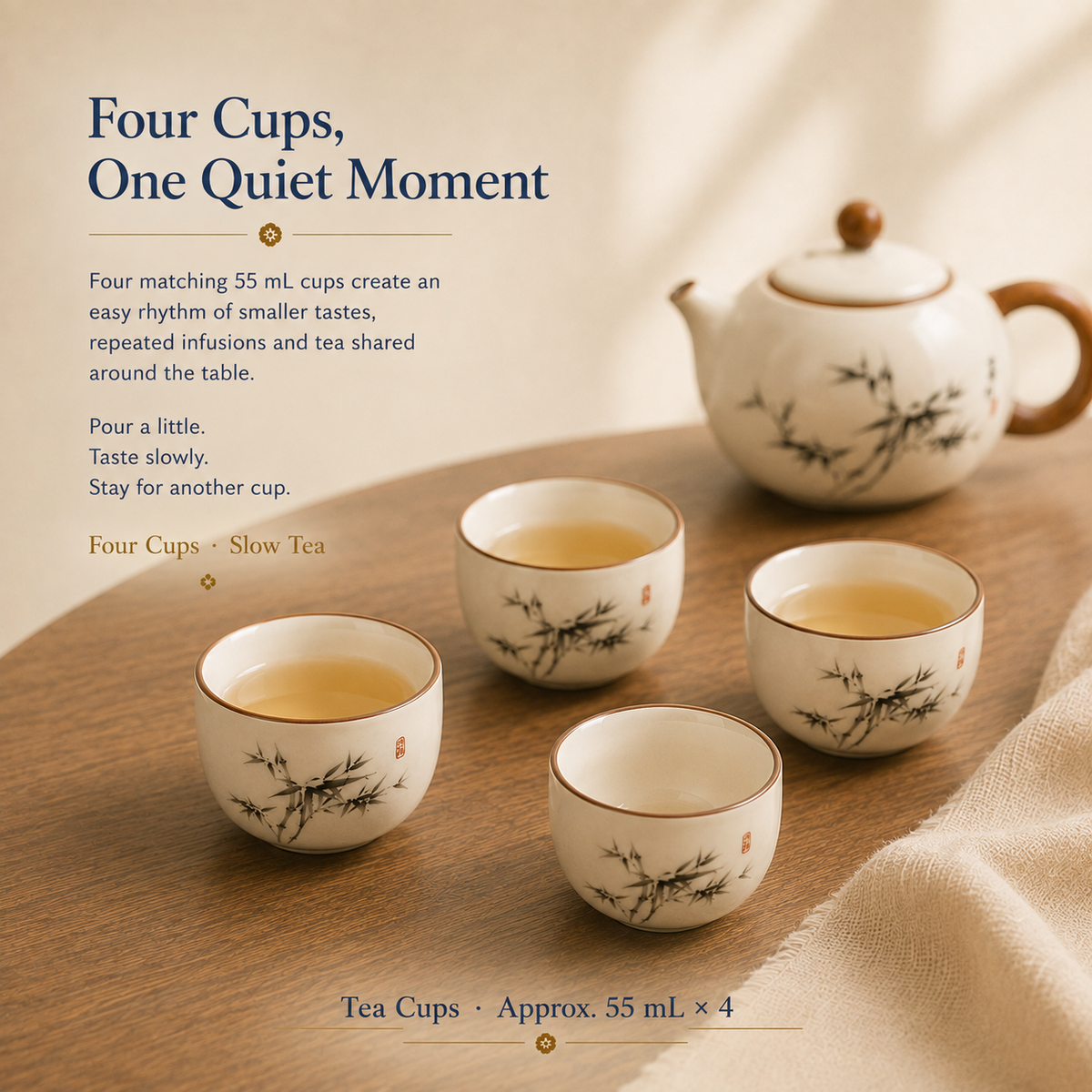 Ink Bamboo Ceramic Tea Set – 190 mL Teapot 4 Cups & Tray