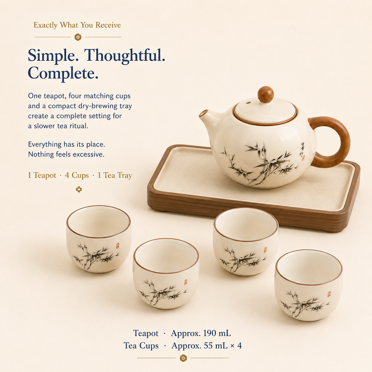 Ink Bamboo Ceramic Tea Set – 190 mL Teapot 4 Cups & Tray