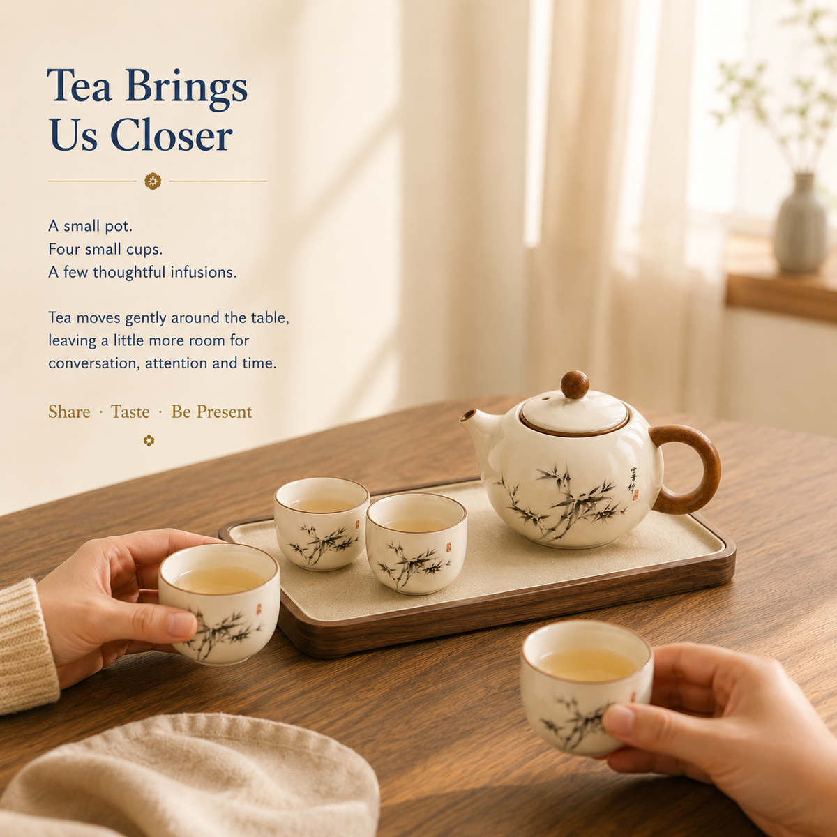 Ink Bamboo Ceramic Tea Set – 190 mL Teapot 4 Cups & Tray