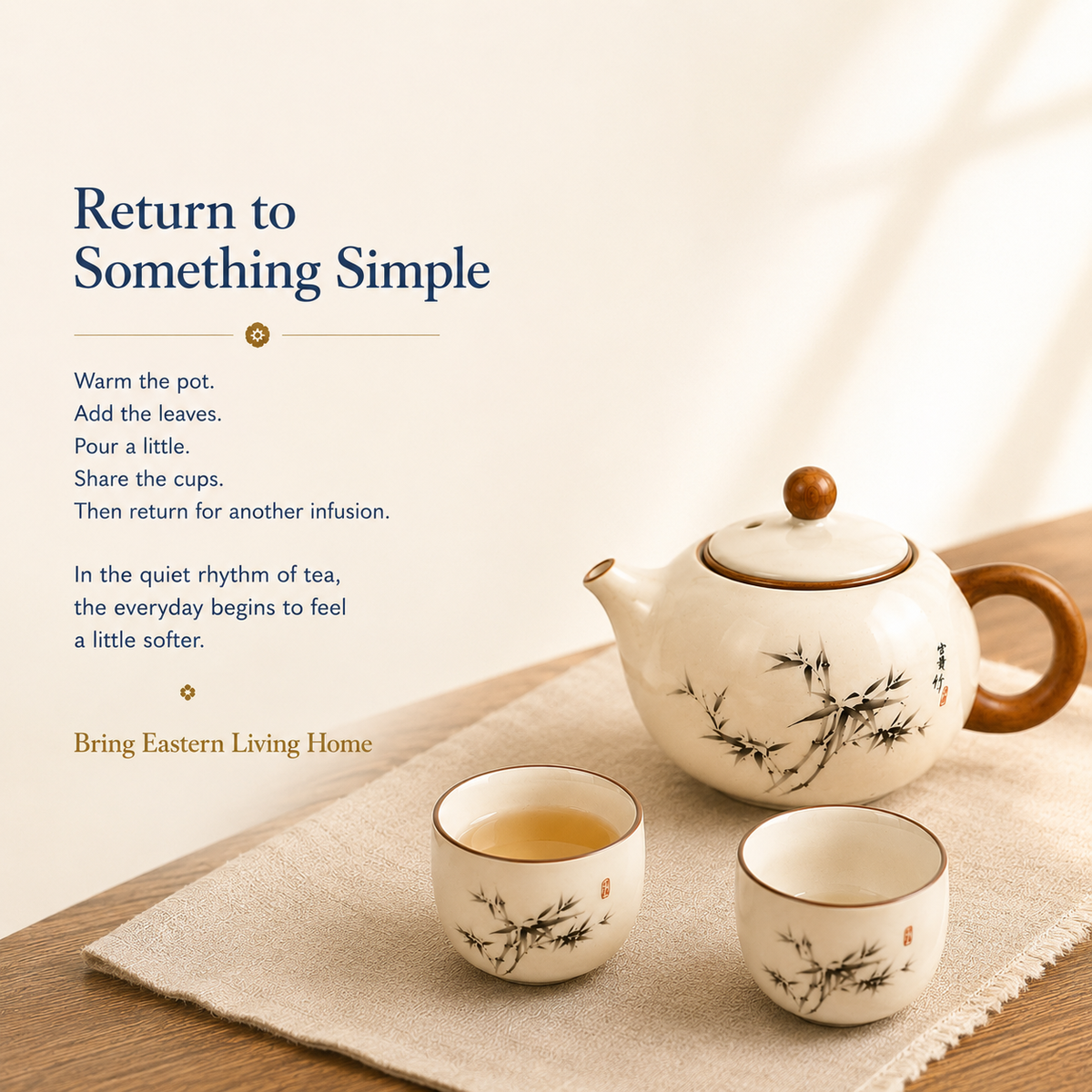 Ink Bamboo Ceramic Tea Set – 190 mL Teapot 4 Cups & Tray