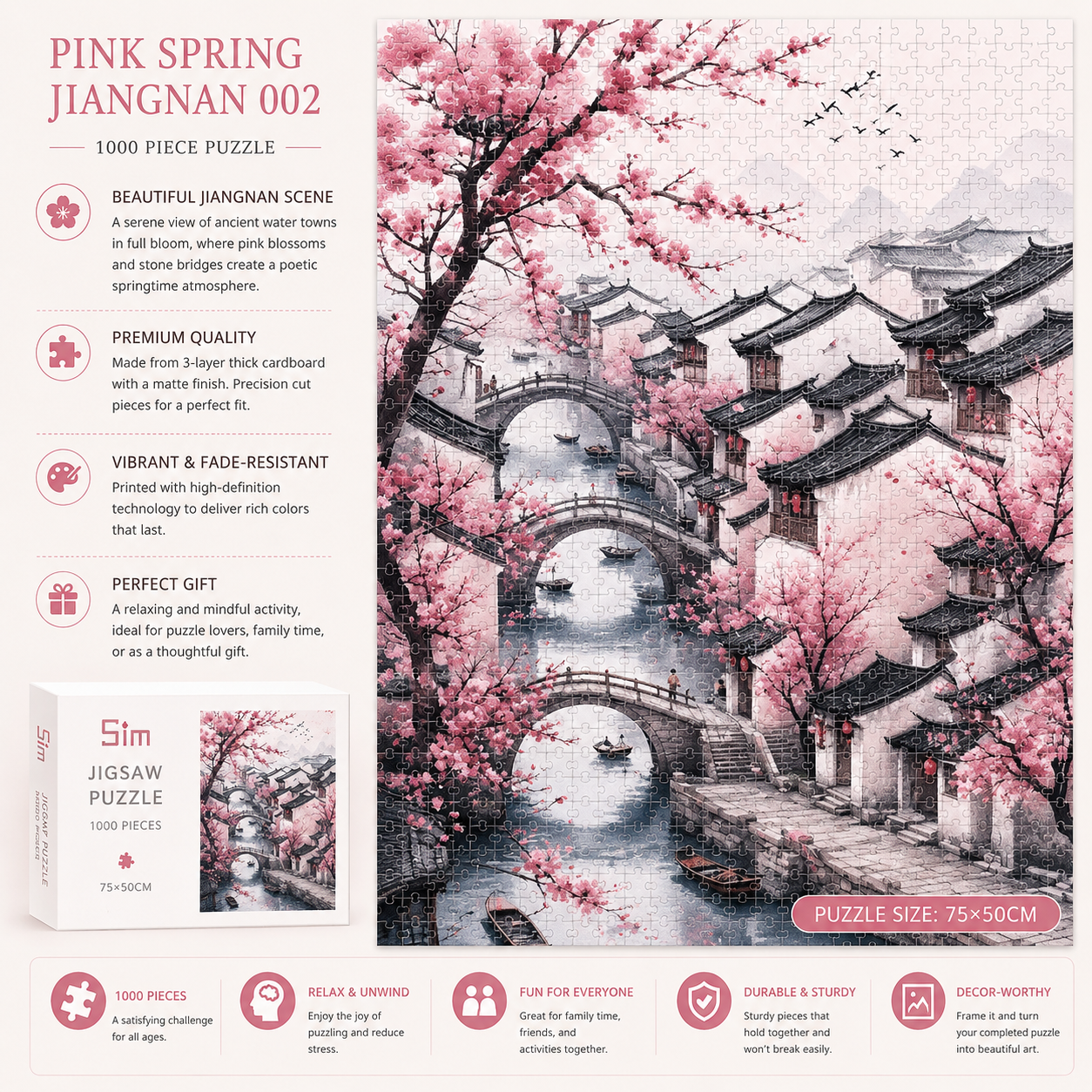 Jiangnan Cherry Blossom Puzzle – Chinese Water Town Landscape Jigsaw Puzzle, Relaxing Art Gift & Wall Decor for Adults 002